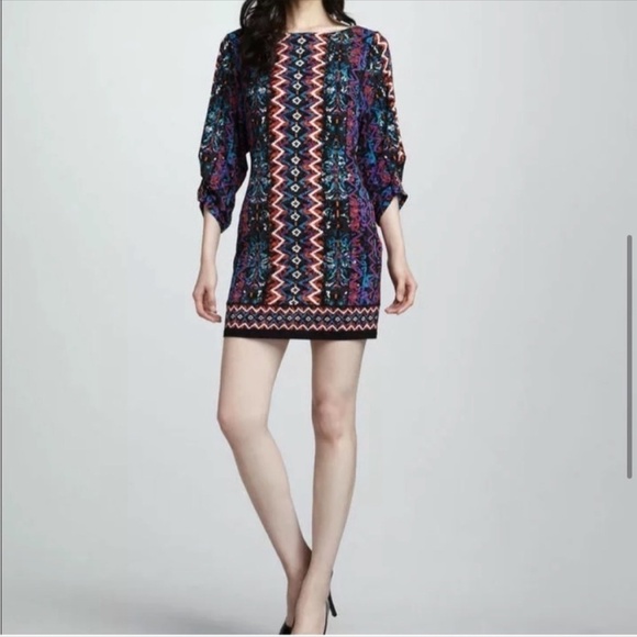 NWT Laundry Shift Dress Blue Jewel Multi Print Ruched 3/4 Sleeves Size 4 - Picture 1 of 10